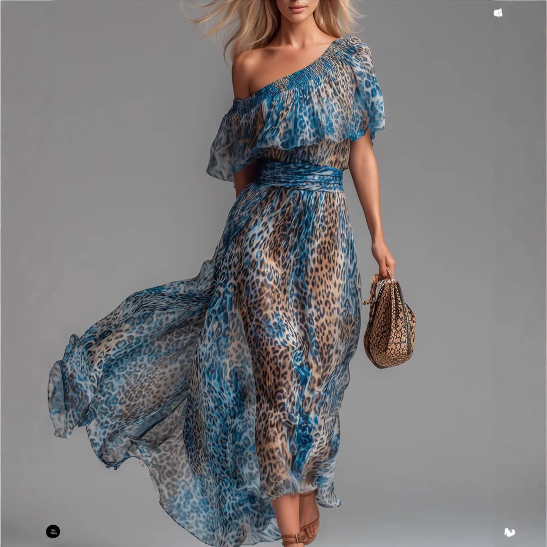 Peacock Blue Asymmetric-Neck Maxi Dress