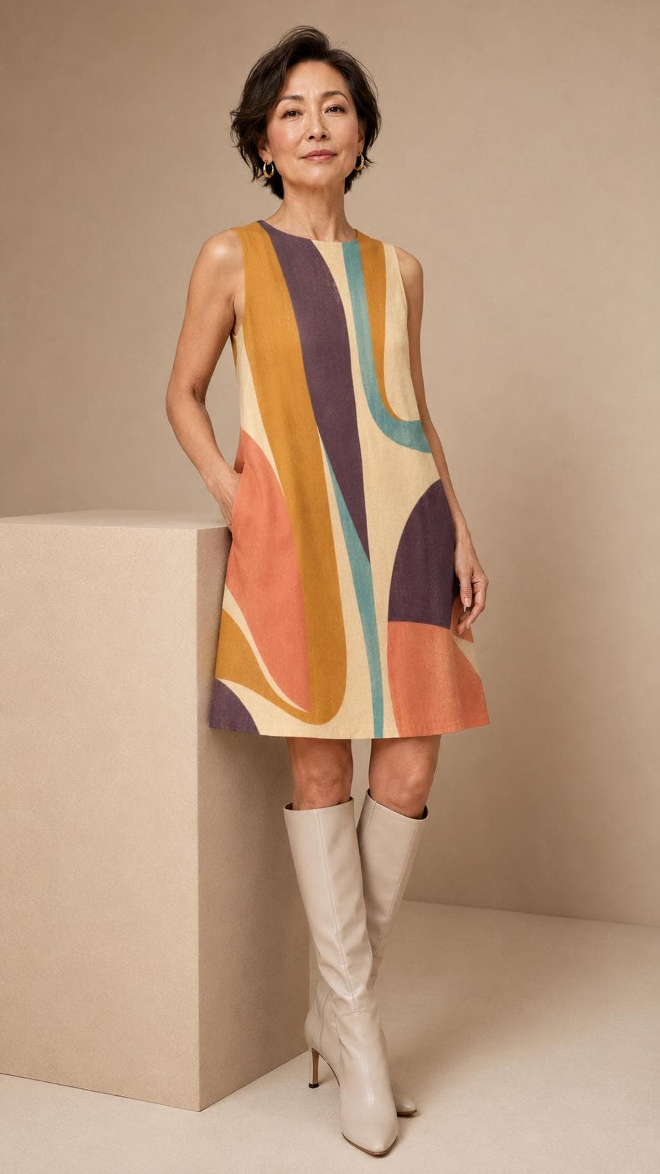 Abstract A-Line Mini Dress | Retro Resort Pocket Dress