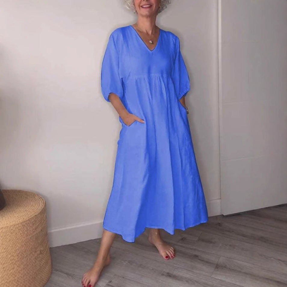 V-Neck Cotton-Linen Three-Quarter Sleeve Maxi Dress