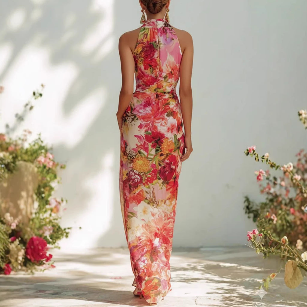 Floral Halter-Neck Sleeveless Maxi Dress