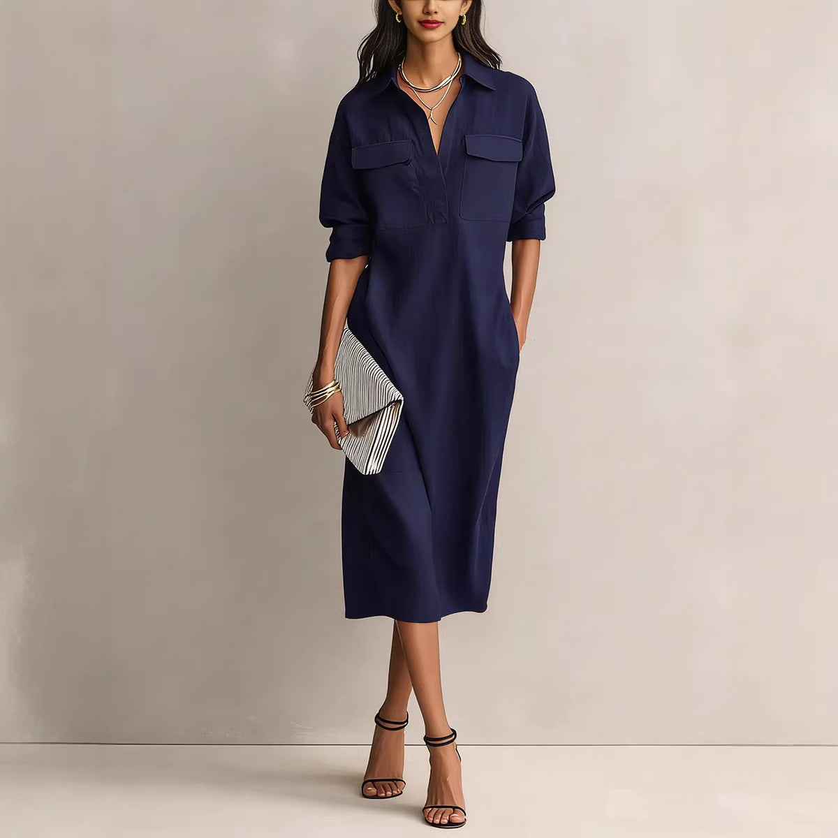 Shirt-Collar Short-Sleeve Midi Dress