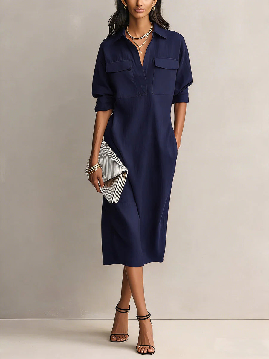 Shirt-Collar Short-Sleeve Midi Dress