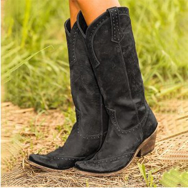 Round-toe retro knee-high boots product view