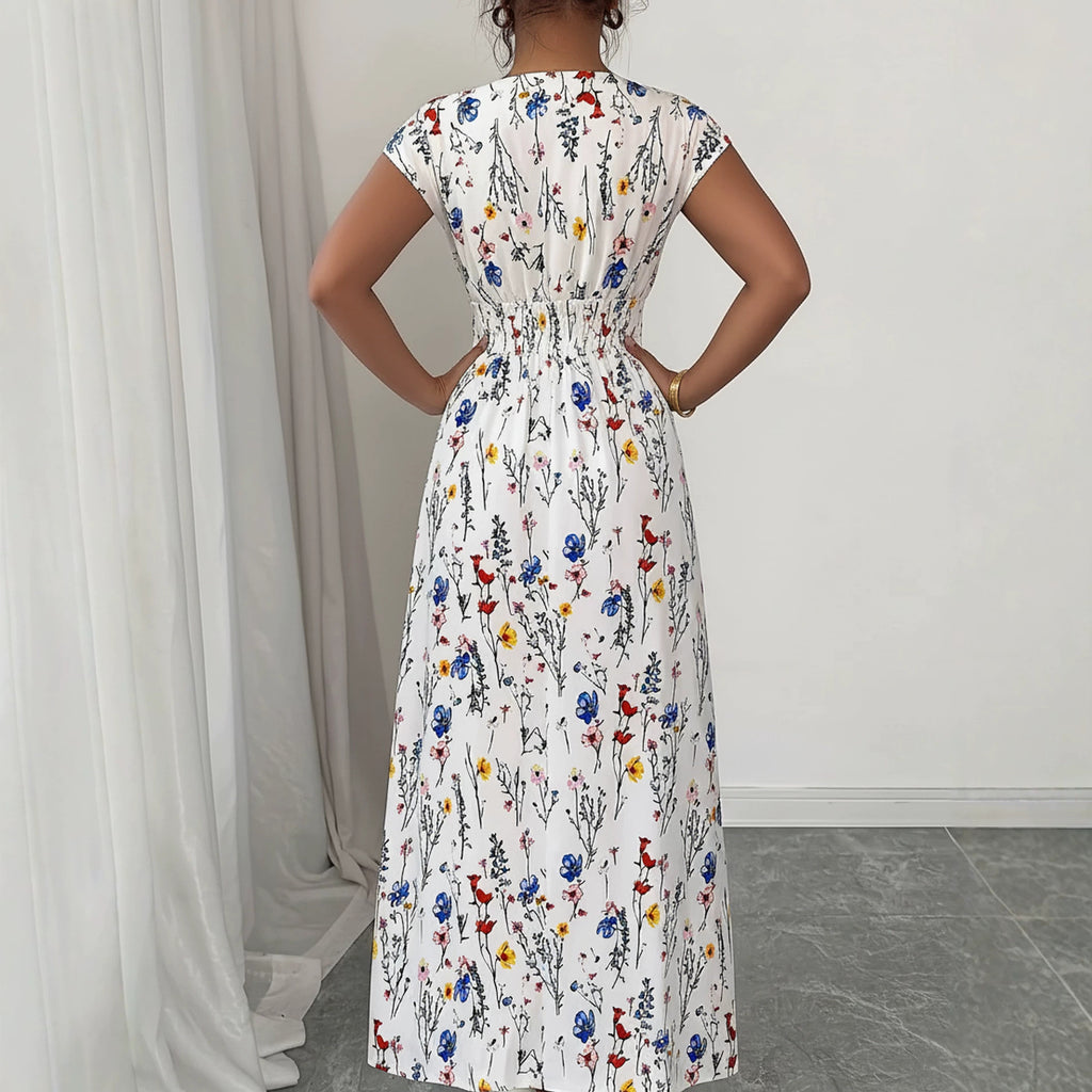 White Floral V-Neck Lace-Up Maxi Dress