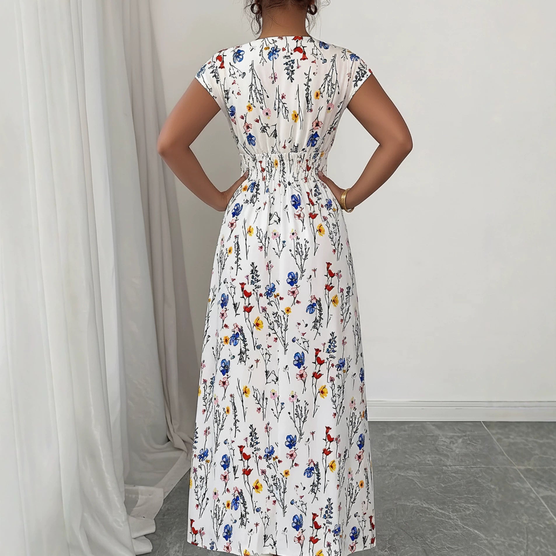 White Floral V-Neck Lace-Up Maxi Dress