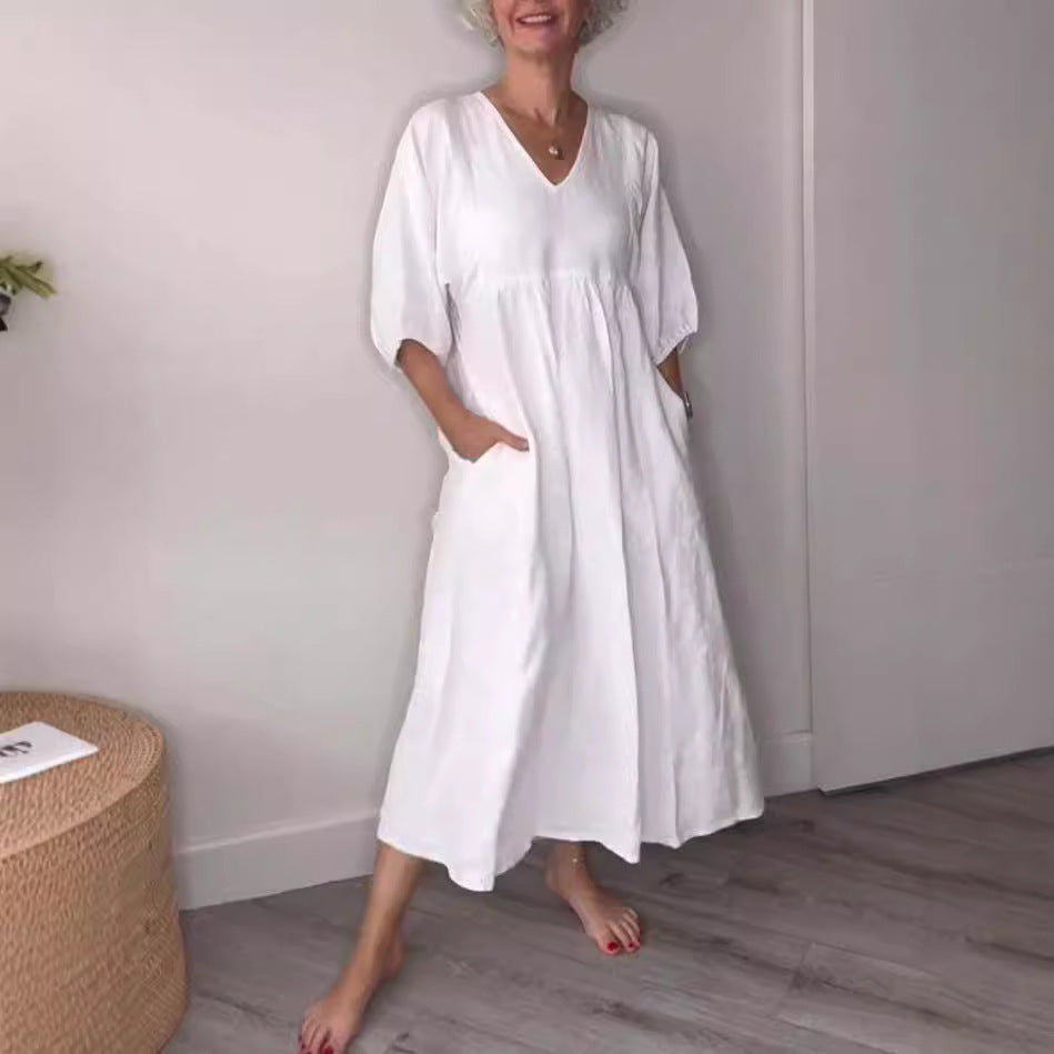 V-Neck Cotton-Linen Three-Quarter Sleeve Maxi Dress