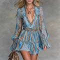 Deep V-Neck Long-Sleeve Printed Mini Dress