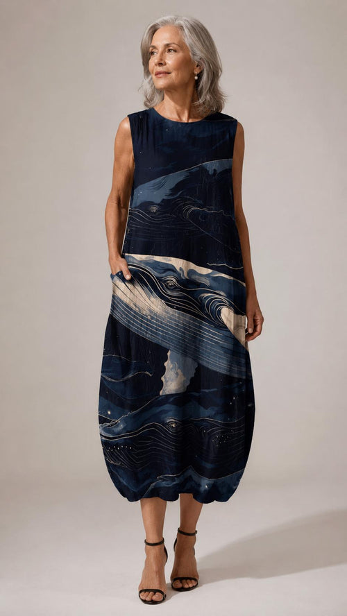 Artistic Whale Cotton Midi Dress | Coastal Ocean Resortwear