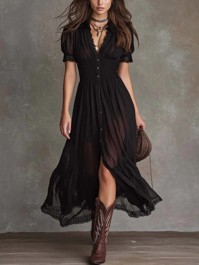 Black Round-Neck Short-Sleeve Maxi Dress