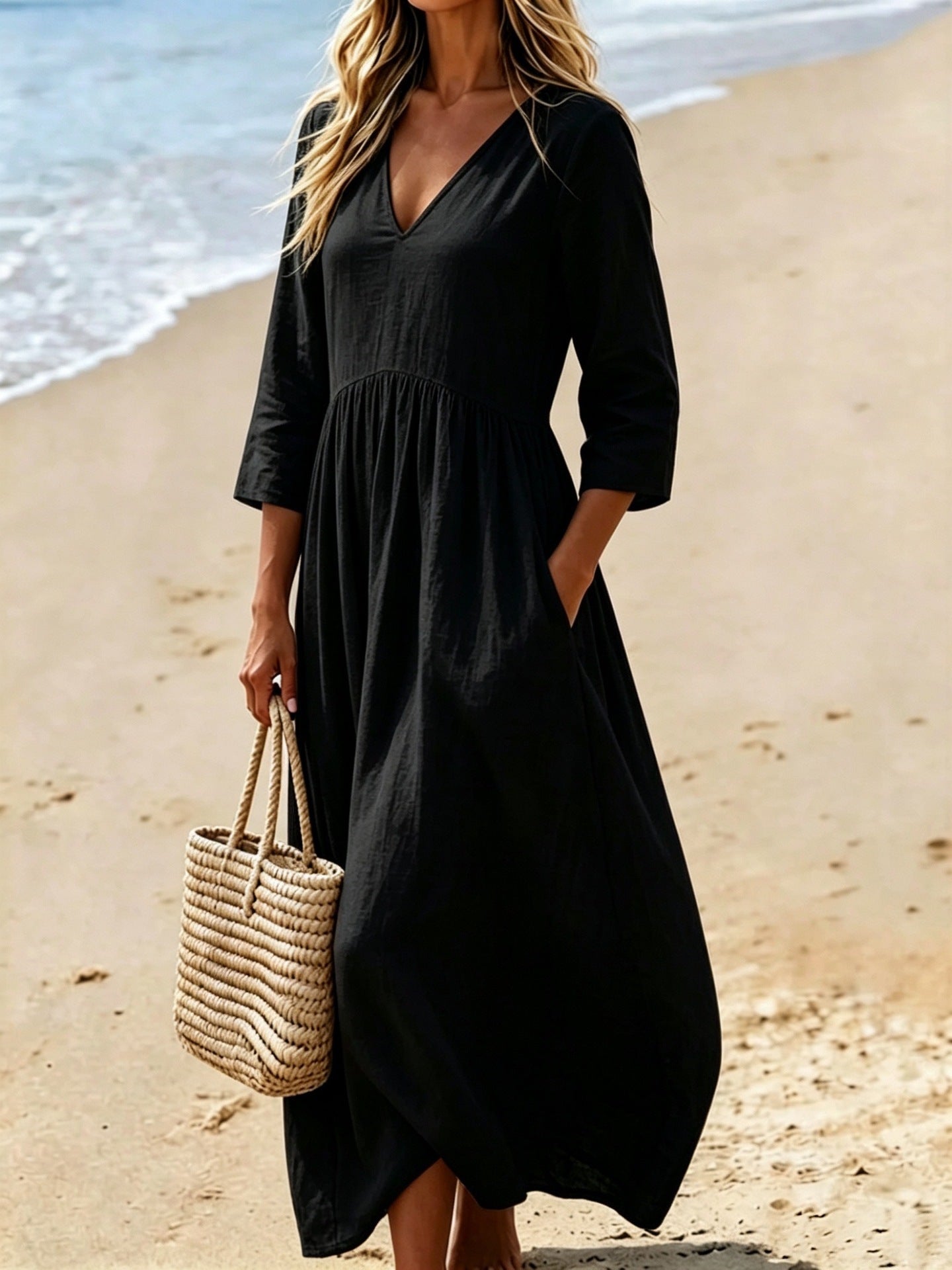 Deep V-Neck Three-Quarter Sleeve Maxi Dress