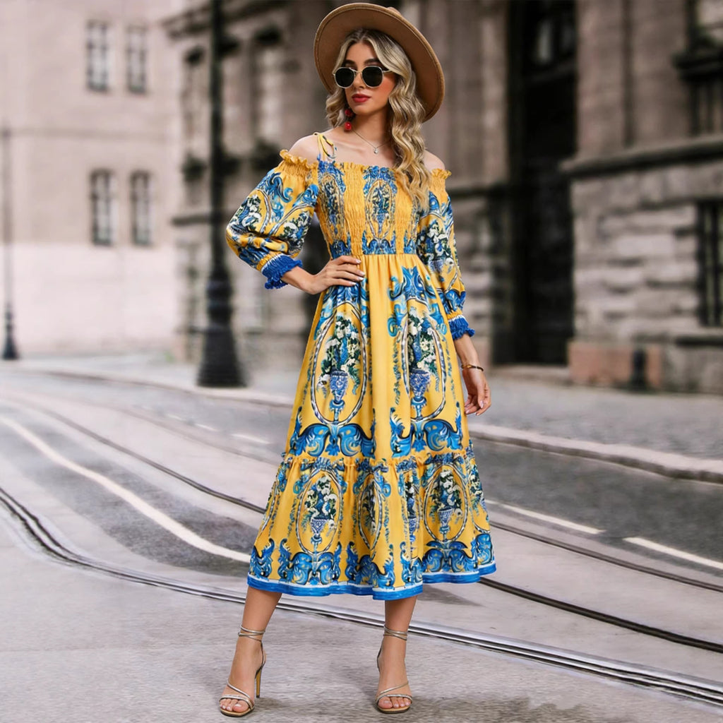 Yellow Floral Off-Shoulder Long-Sleeve Dress