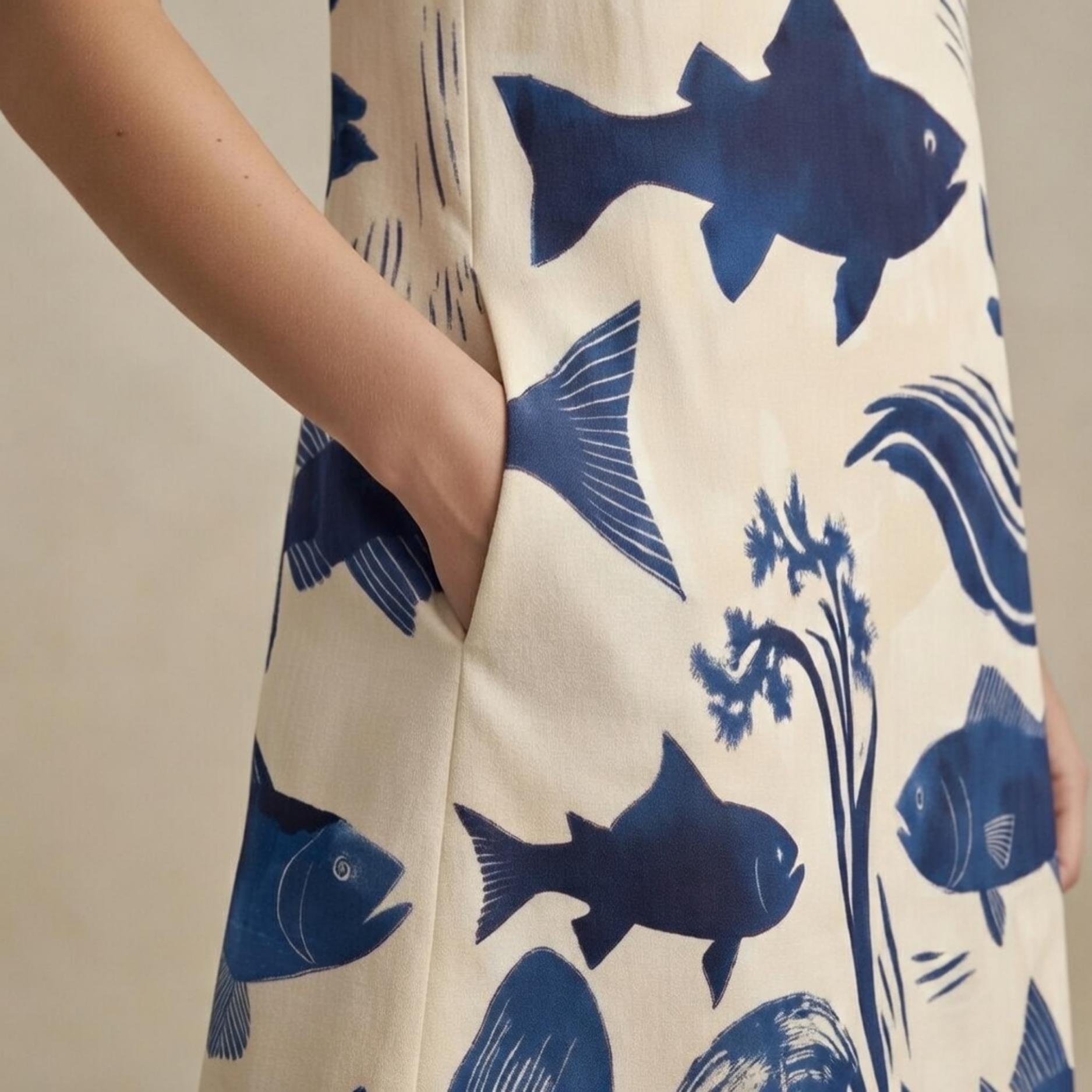 Indigo Fish A-Line Dress | Coastal Pocket Summer Dress