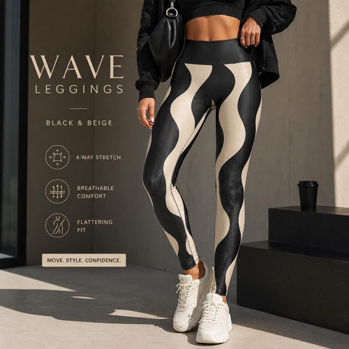 Black Beige Wave Leggings | Abstract High-Waist Yoga Pants