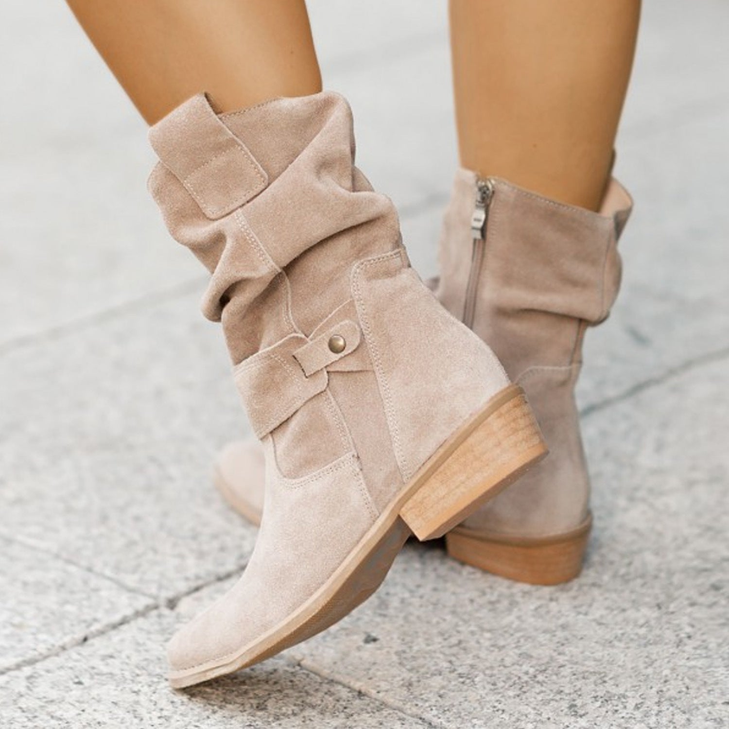 Pleated suede low-heel ankle boots for women