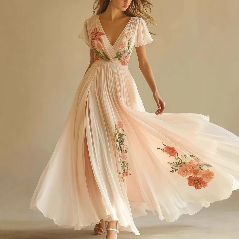 Green & Off-White Chiffon V-Neck Maxi Dress