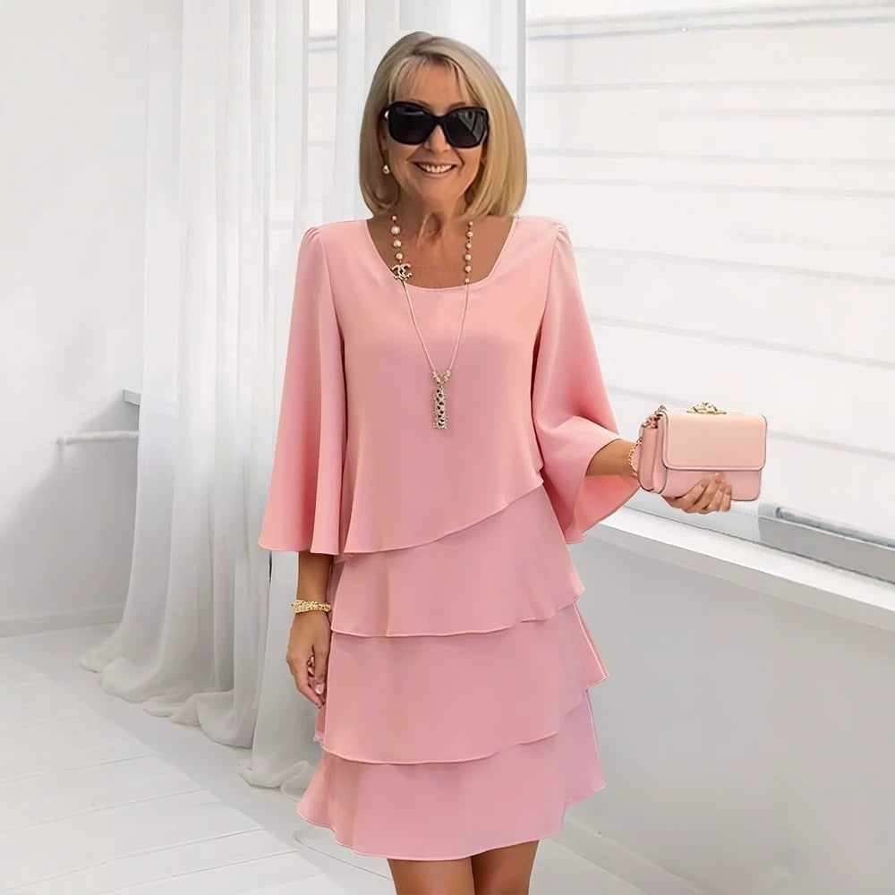 Relaxed Round-Neck Three-Quarter Sleeve Dress