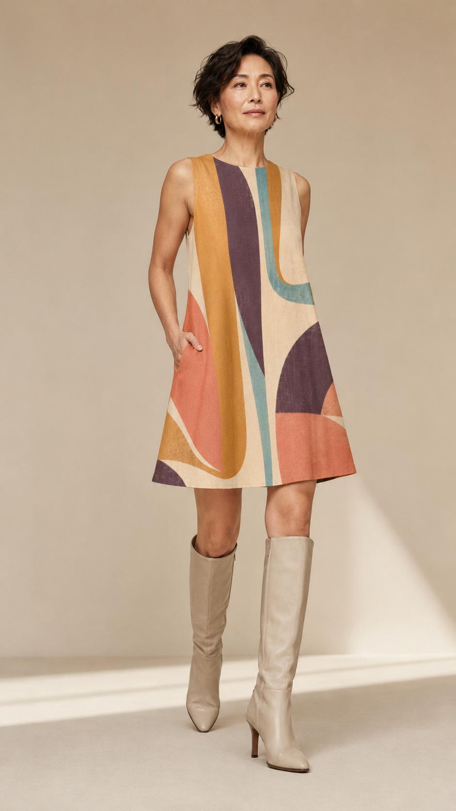Abstract A-Line Mini Dress | Retro Resort Pocket Dress