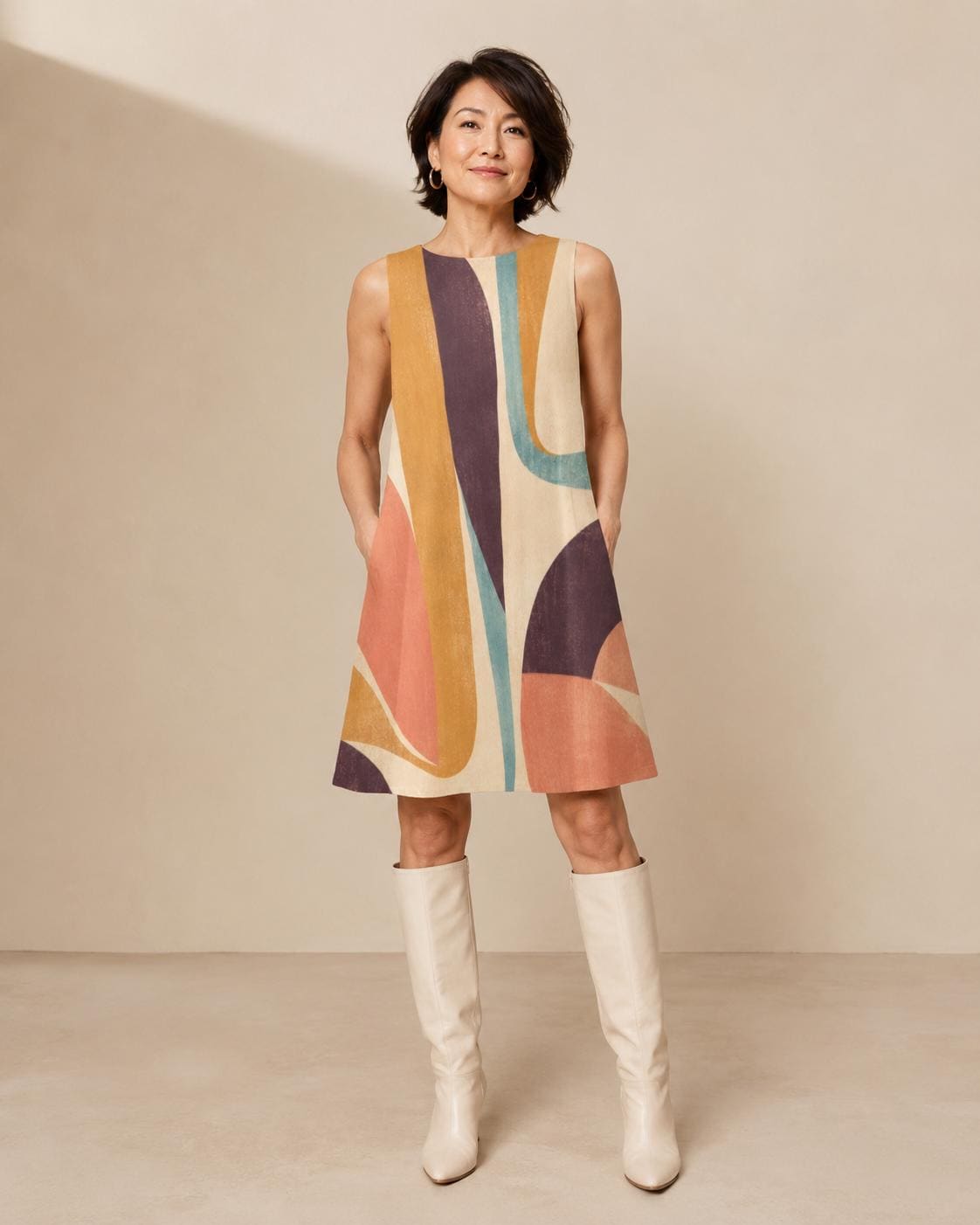 Abstract A-Line Mini Dress | Retro Resort Pocket Dress