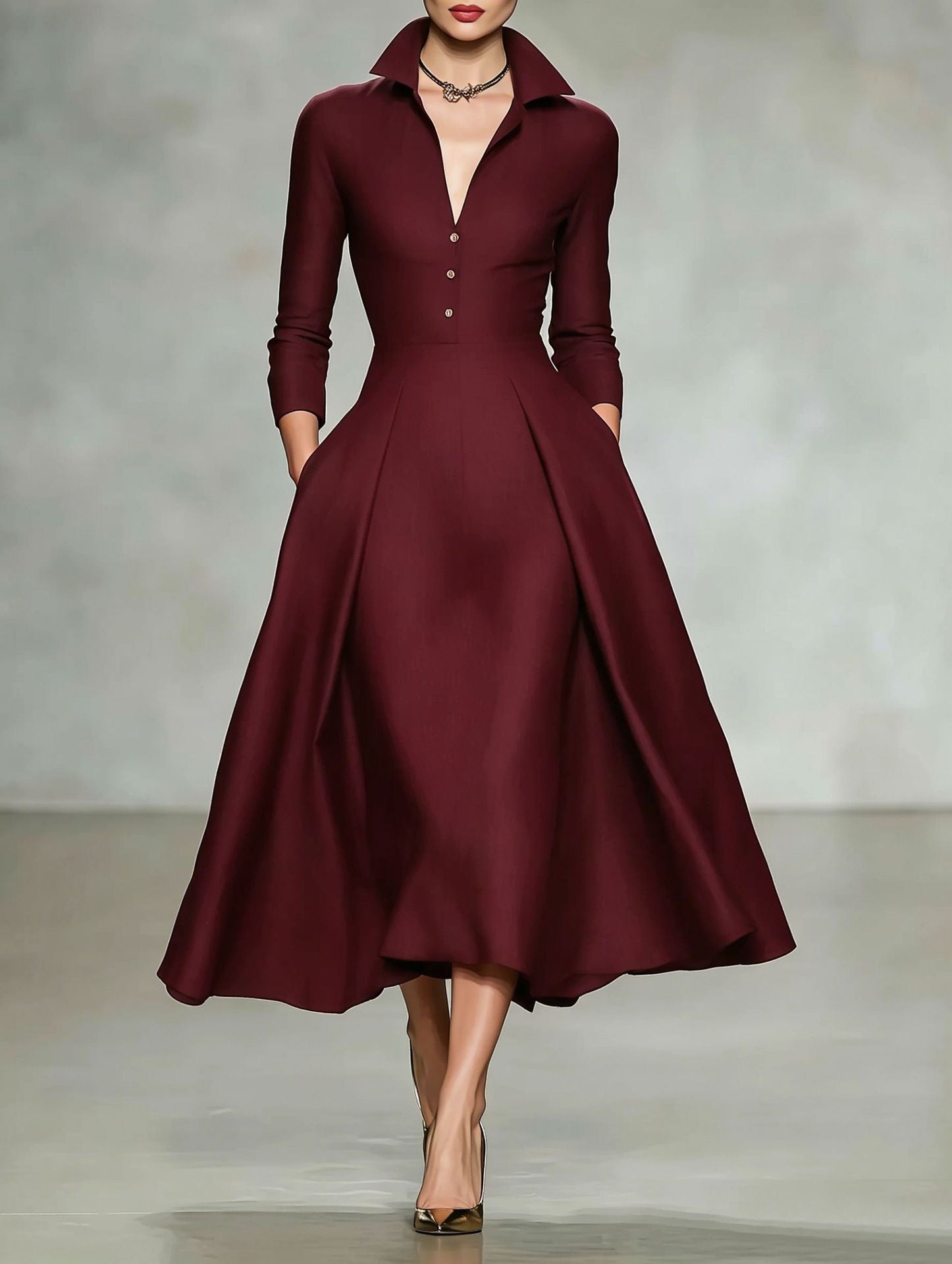 Small-Collar Long-Sleeve Midi Dress
