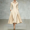 Small-Collar Long-Sleeve Midi Dress