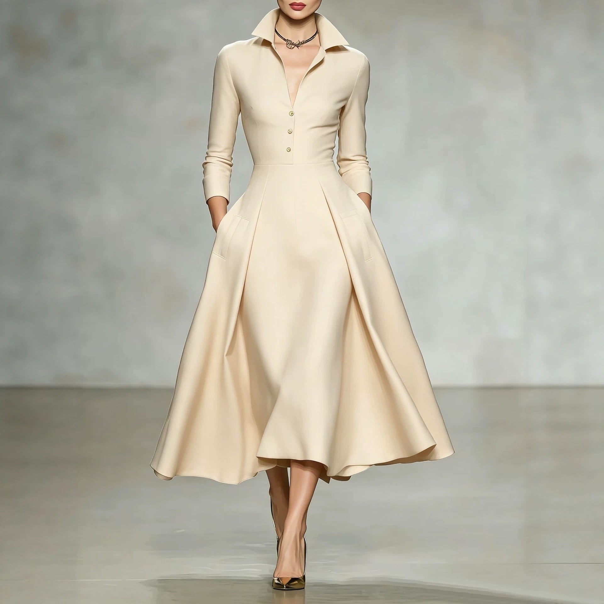 Small-Collar Long-Sleeve Midi Dress