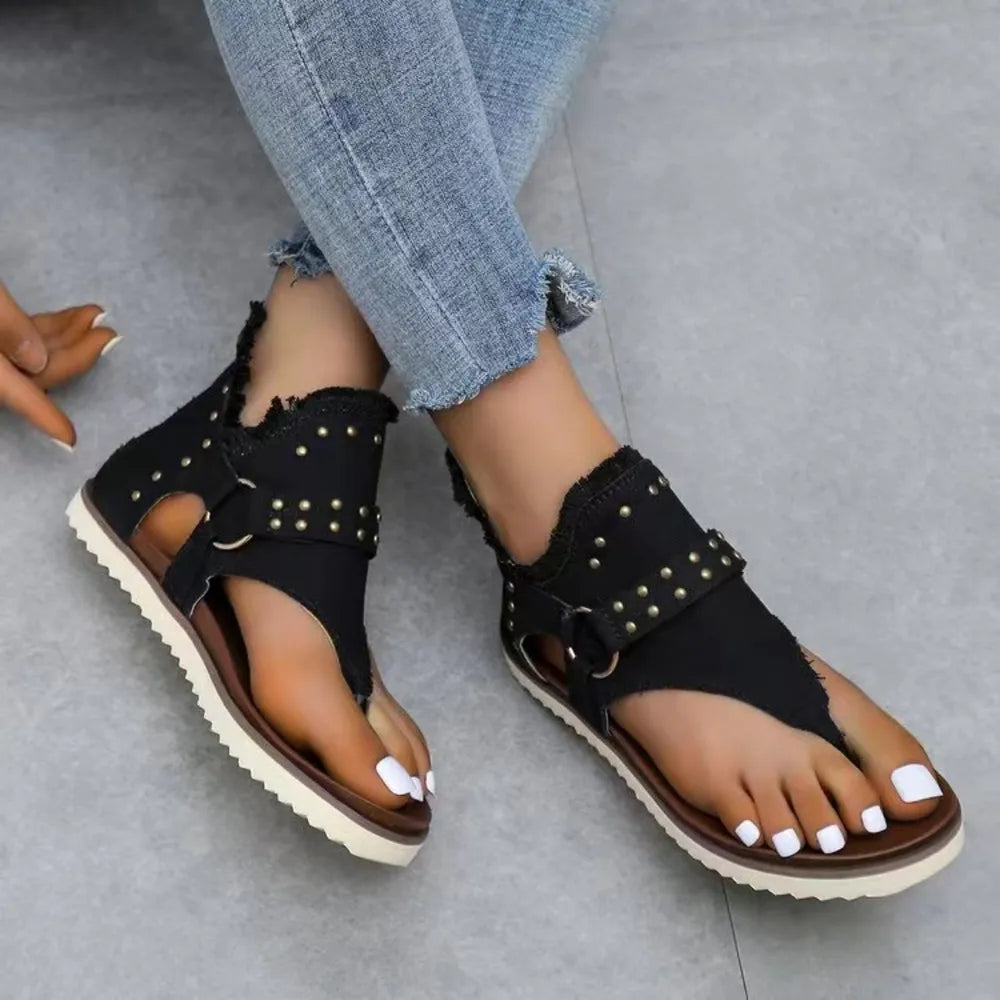 Raw-edge canvas sandals in dark denim color
