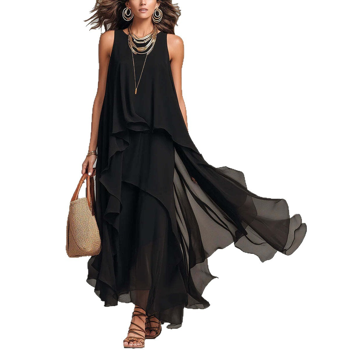 Black Sleeveless Chiffon A-Line Maxi Dress