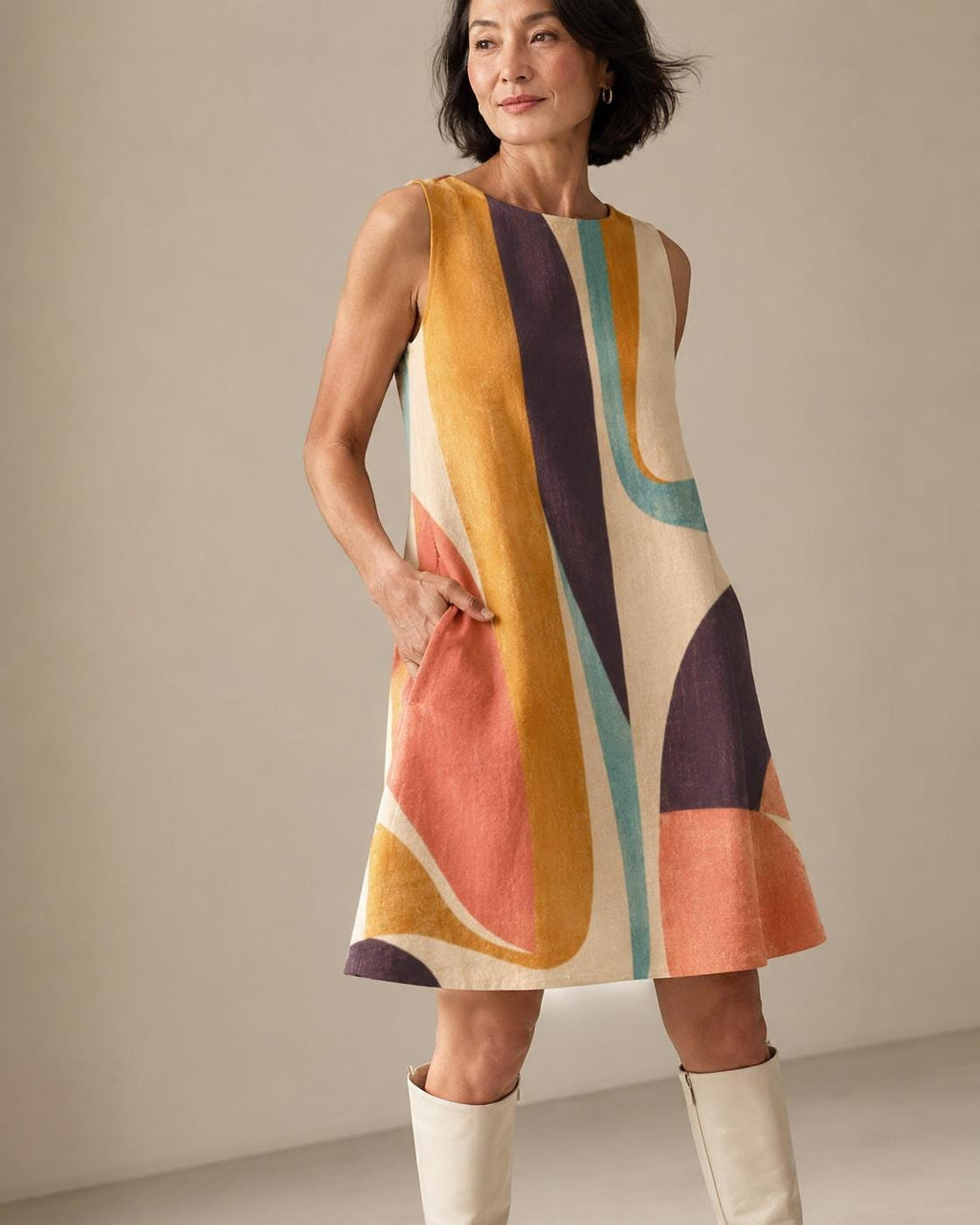 Abstract A-Line Mini Dress | Retro Resort Pocket Dress