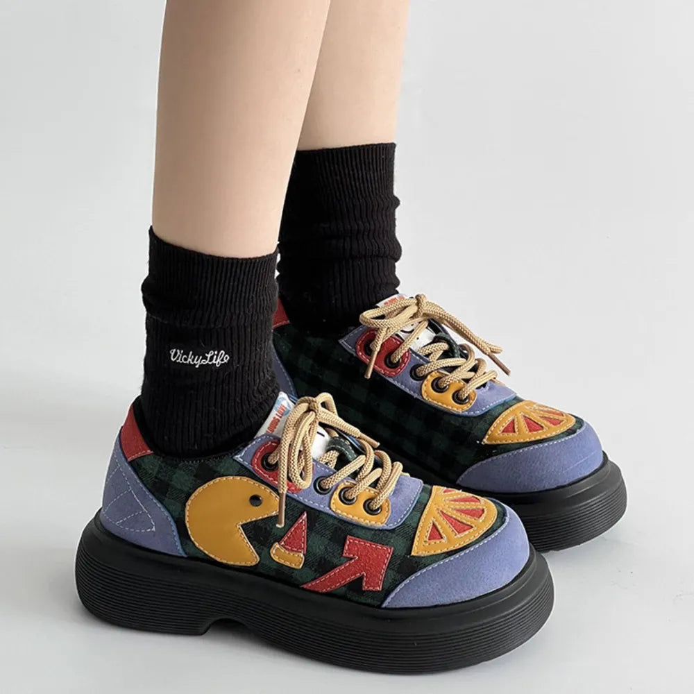 Retro colorblock platform shoes for women