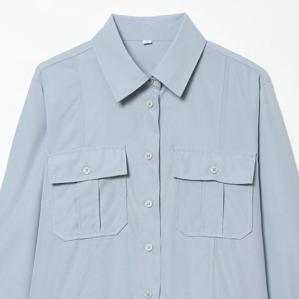 Light Blue Shirt-Collar Midi Dress