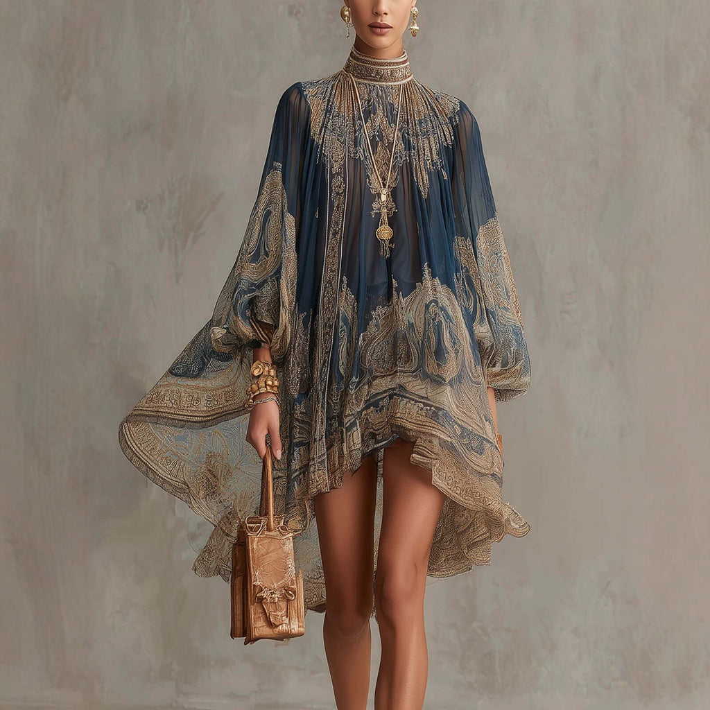 Navy Stand-Collar Puff-Sleeve High-Low Dress