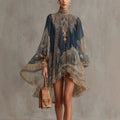 Navy Stand-Collar Puff-Sleeve High-Low Dress