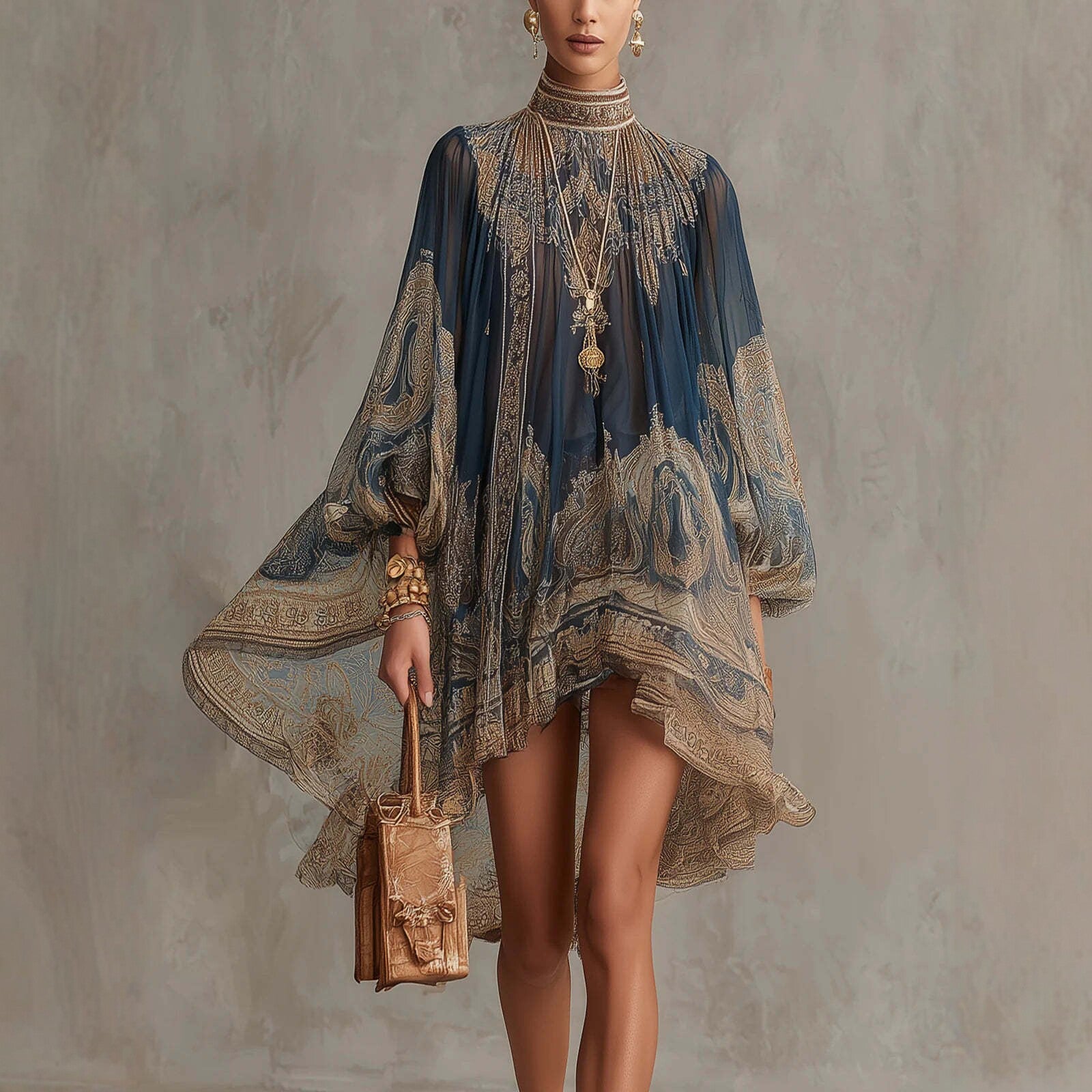 Navy Stand-Collar Puff-Sleeve High-Low Dress