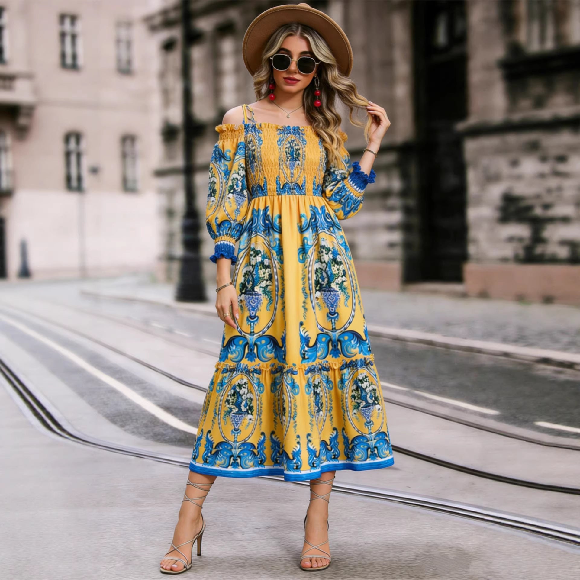 Yellow Floral Off-Shoulder Long-Sleeve Dress