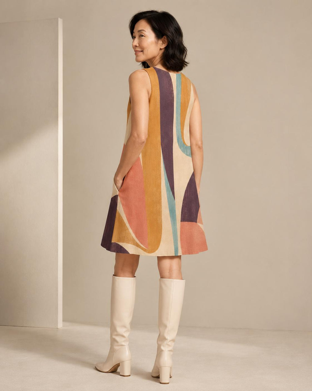 Abstract A-Line Mini Dress | Retro Resort Pocket Dress