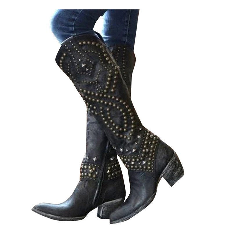 Riveted chunky-heel knee-high boots for women