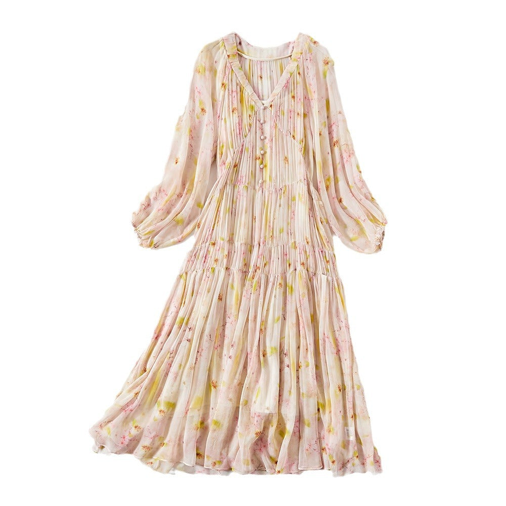 Floral Mulberry Silk V-Neck Long-Sleeve Maxi Dress
