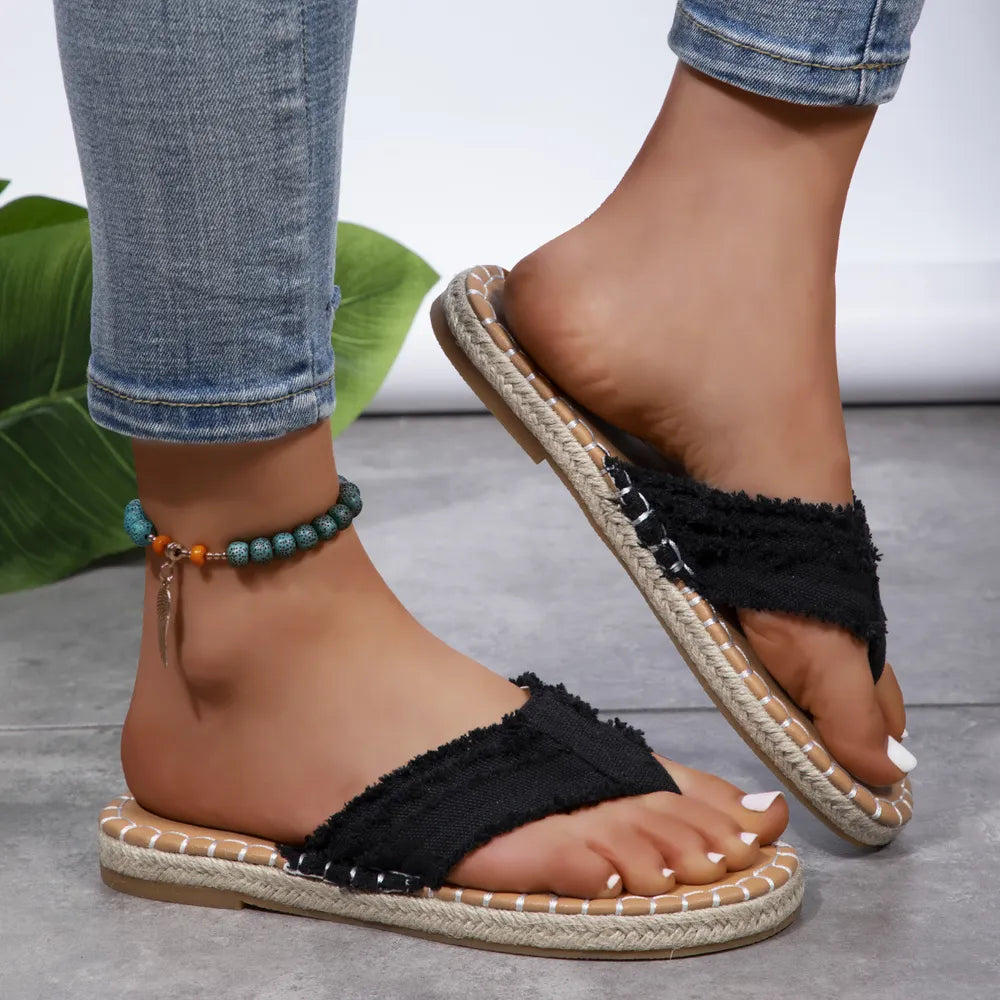 Raw-edge canvas toe-post sandals for women