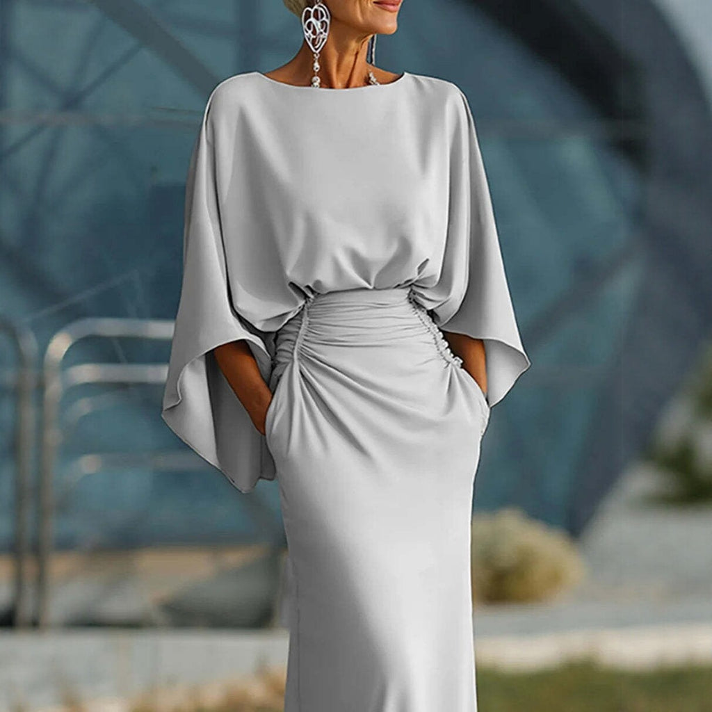 Silver Round-Neck Batwing-Sleeve Mermaid Maxi Dress