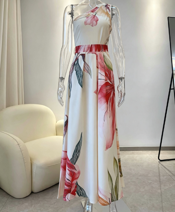 Apricot Asymmetric-Neck Sleeveless Maxi Dress