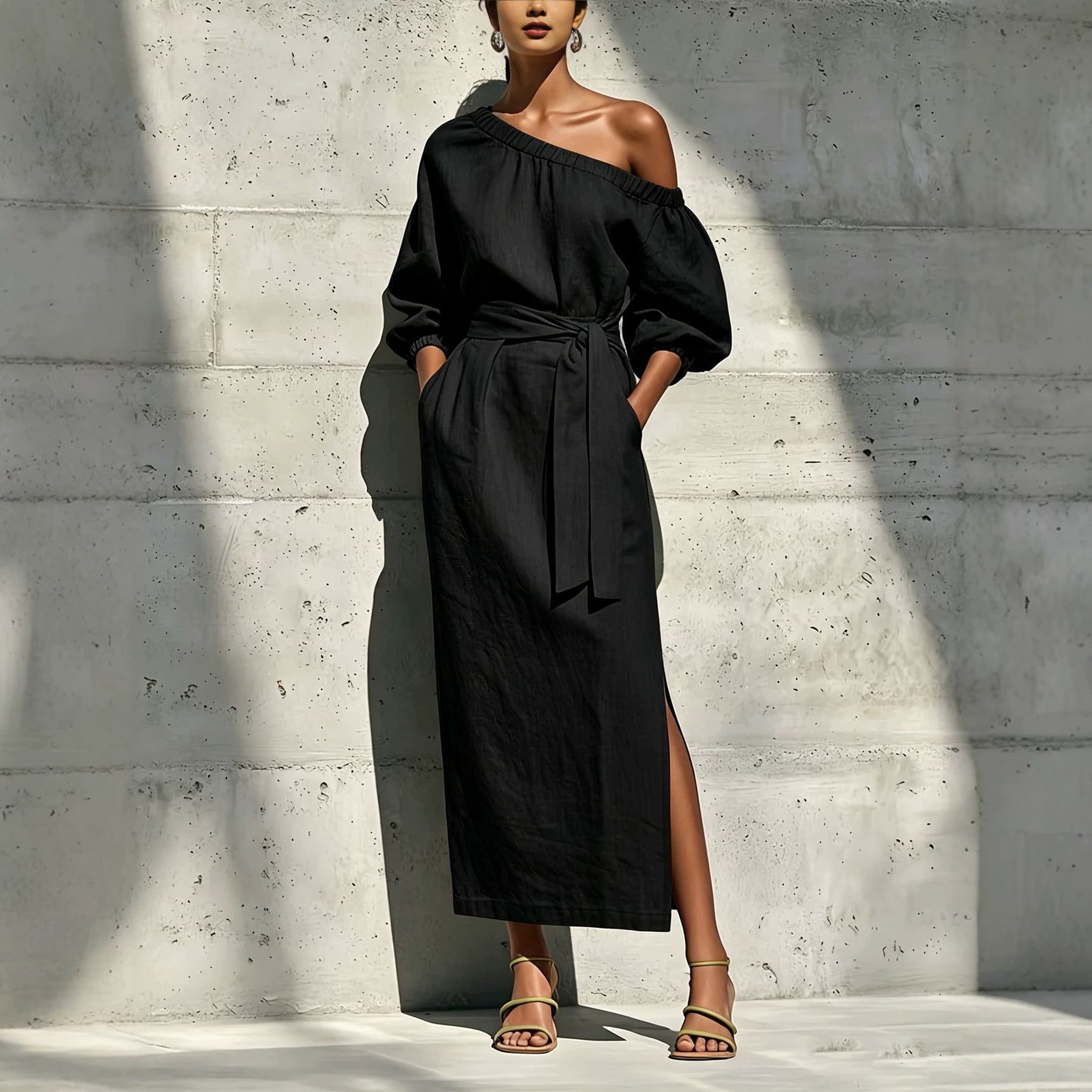 Asymmetric-Neck Long-Sleeve Maxi Dress