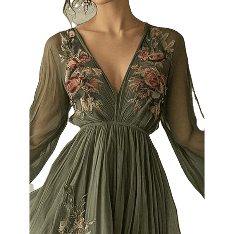 Green & Off-White Chiffon V-Neck Maxi Dress