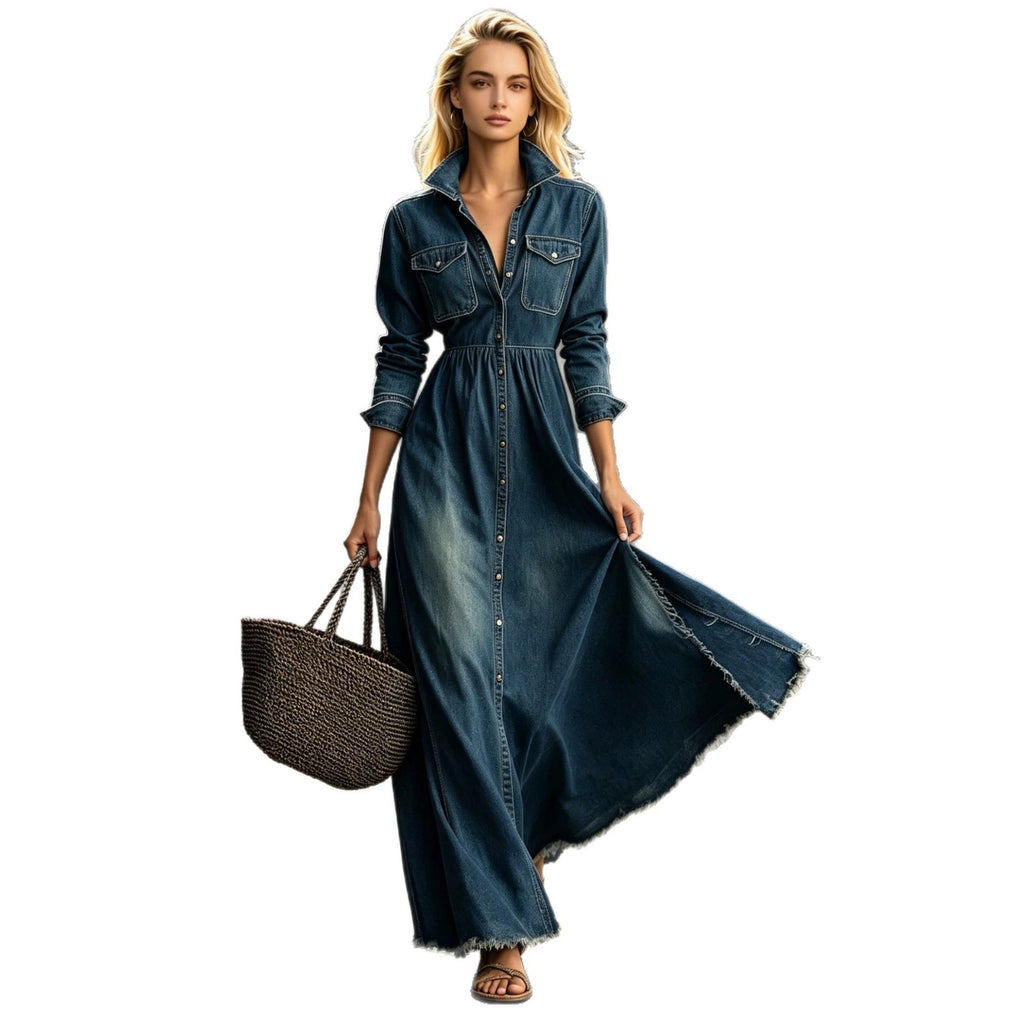 Dark Blue Long-Sleeve High-Waist Maxi Dress