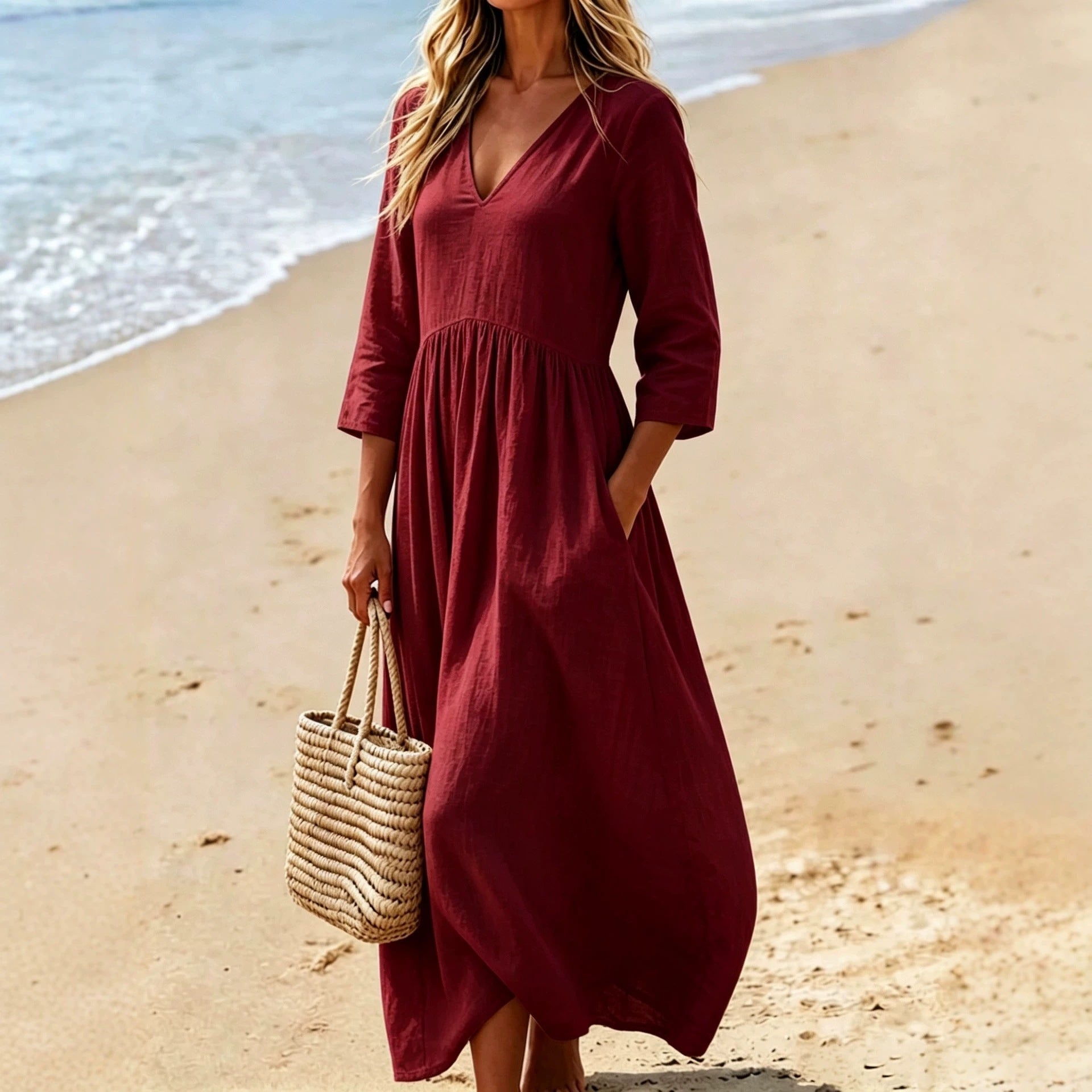 Deep V-Neck Three-Quarter Sleeve Maxi Dress