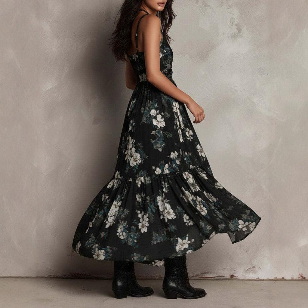 Black Geometric Deep V-Neck High-Low Chiffon Dress