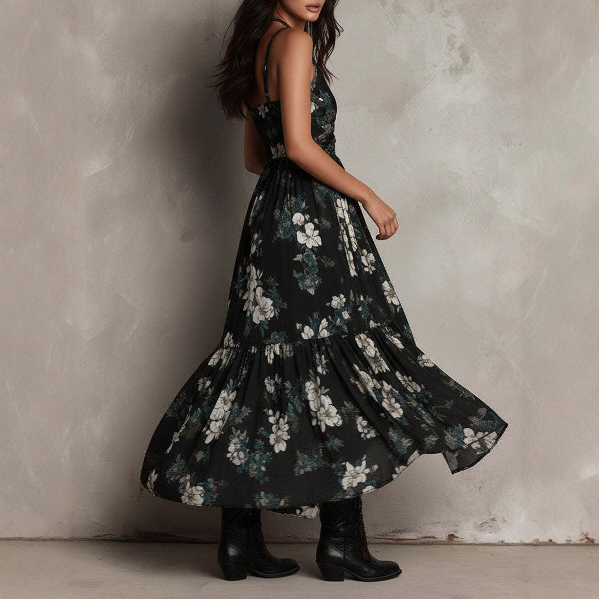 Black Geometric Deep V-Neck High-Low Chiffon Dress