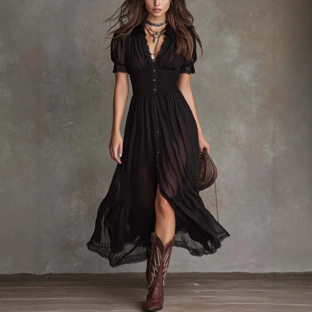 Black Round-Neck Short-Sleeve Maxi Dress