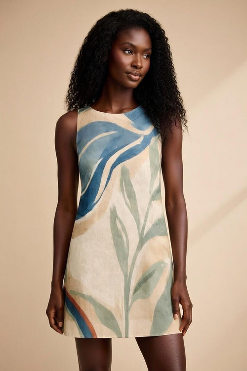 Abstract Botanical Mini Dress | A-Line Resort Vacation Dress