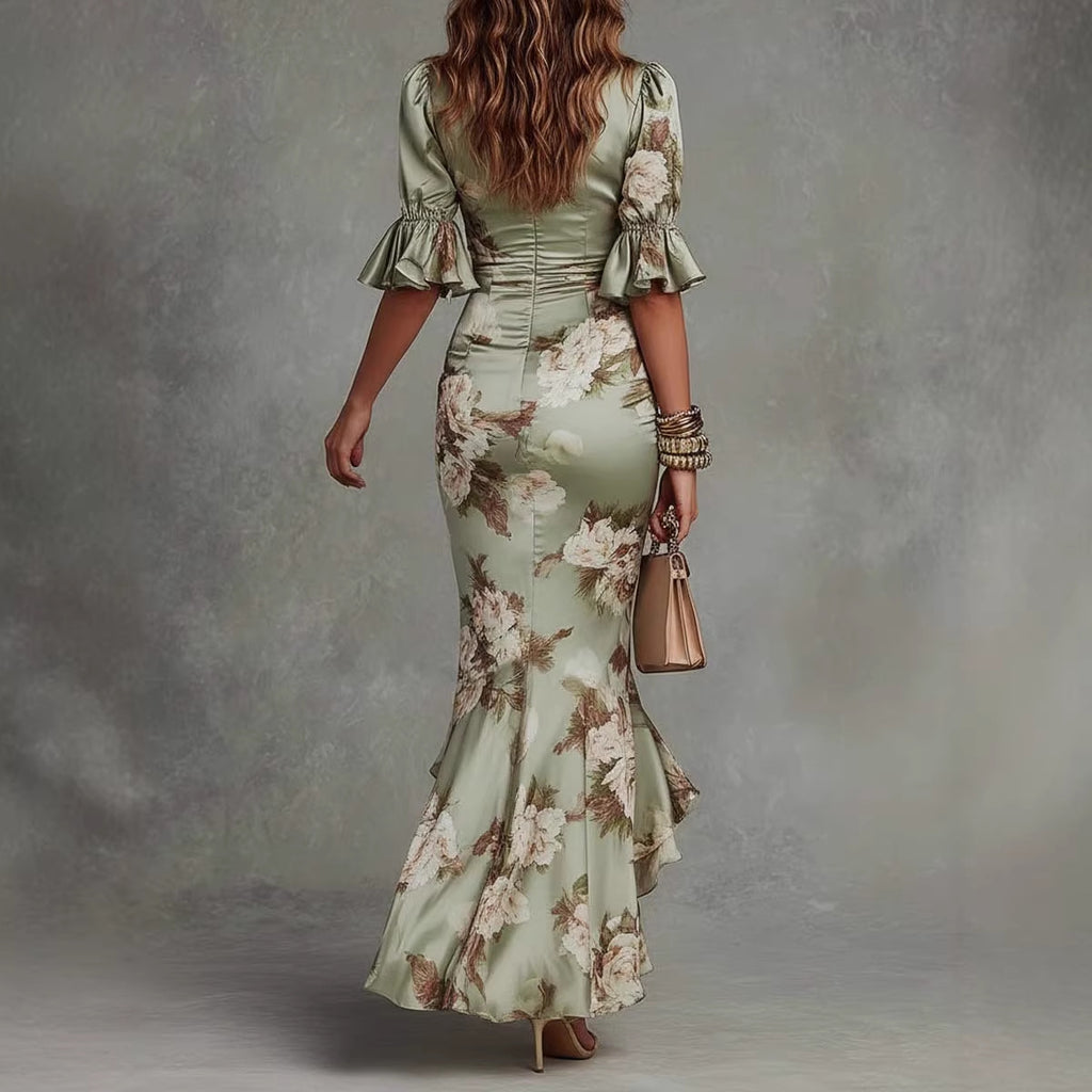 Printed Deep V-Neck Flared-Sleeve High-Low Dress