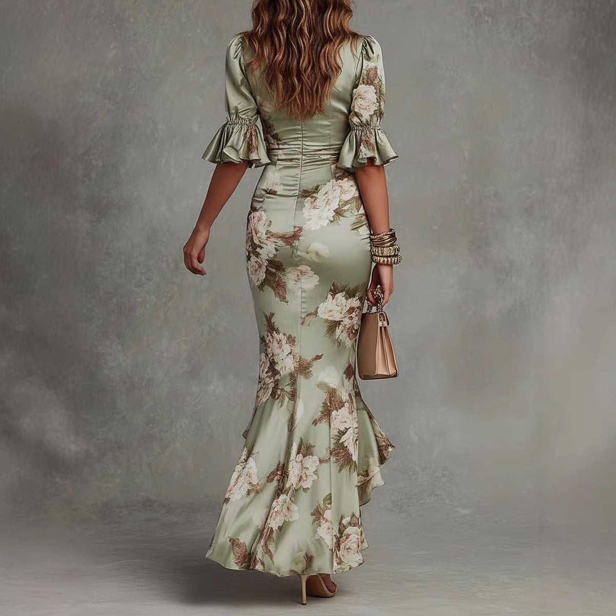 Printed Deep V-Neck Flared-Sleeve High-Low Dress